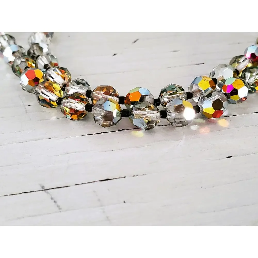 Vintage Smokey Glass AB Faceted Double Bead Strand Necklace with Box Clasp